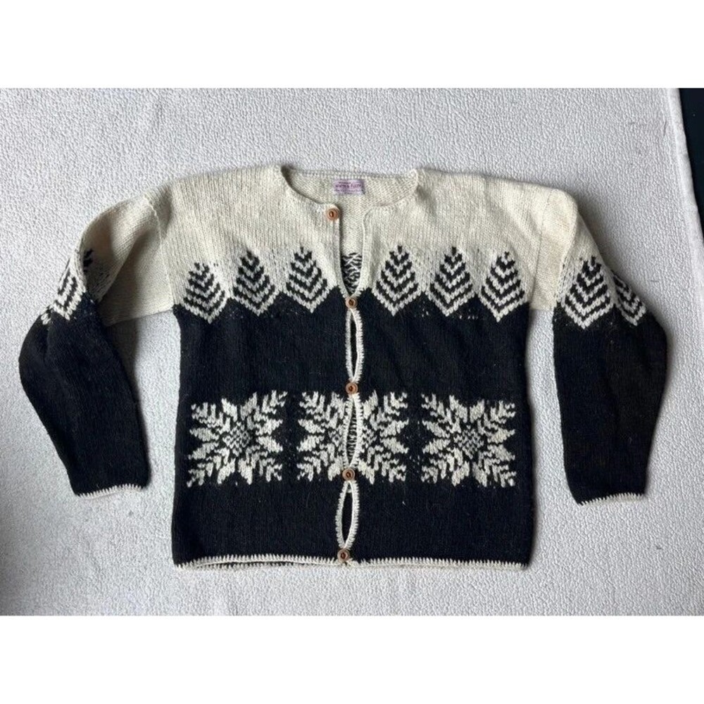 Vermont Warm & Fuzzy Wool Black & Cream Snowflake Cardigan Sweater Womens S-M